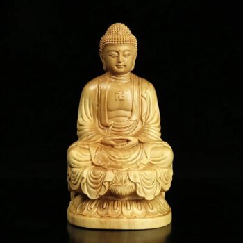 Boxwood Buddha Statue Sitting on Lotus Chinese Hand Carved Decor