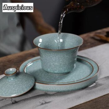 Longquan Celadon Gaiwan 170ML Handmade Ice Crack Tea Bowl Set